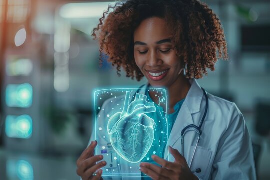 Healthcare professional examining a virtual heart model in modern clinic