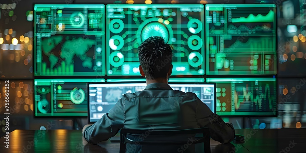 Poster embracing modern technology: man engrossed in green interface on computer screen. concept technology