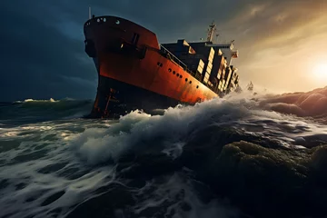 Rolgordijnen Storm shipwreck cargo during strong waves. © Xchip