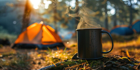 Traveling in wild nature sustainable travel vacation time-spending trekking backpacking sleeping outside camping advert concept. A metal cup of steaming hot coffee drink with tent in forest
