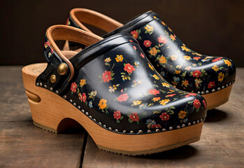 Black women's clogs with flower pattern isolated on rustic wood floor