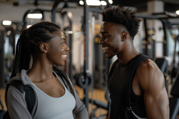 Fototapeta na wymiar Happy young athletic people in sportswear talking to each other in gym