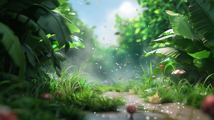 3D grass, a mud road, in the forest, Microcosm, Huge leaves, Huge leaves  - obrazy, fototapety, plakaty
