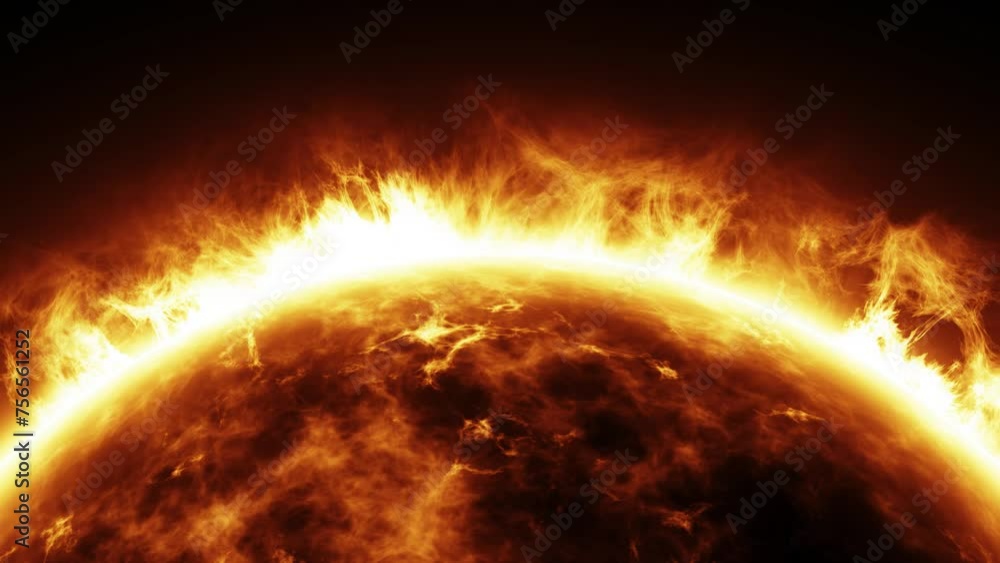 Wall mural close-up view of the surface of sun, fire planet animation, 4k seamless loop