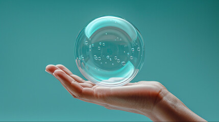 Aqua bubble levitating in human hand. Transparent blue capsule in hand.