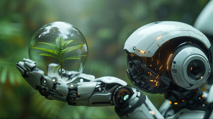 Futuristic robot holding green fern. Robot watching on transparent sphere with sprout plant inside.