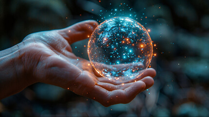 Man's hand holding magical bubble. Teal orange crystal ball mystical scene. - obrazy, fototapety, plakaty