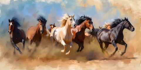 Vibrant and dynamic oil painting capturing the grace and beauty of running horses. Concept Oil Painting, Running Horses, Vibrant Colors, Dynamic Composition, Beauty and Grace