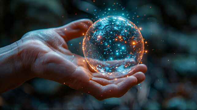 Man's hand holding magical bubble. Teal orange crystal ball mystical scene.