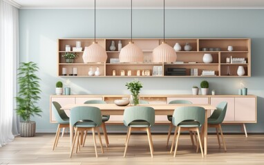 A modern, minimalist dining room with a wooden table and chairs, and a large window. The room is decorated with a few potted plants and vases, and a potted plant is placed near the window - obrazy, fototapety, plakaty