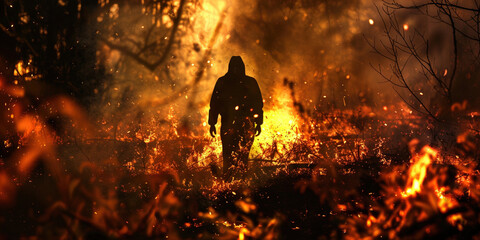 Fire flames arson damaged ecology wildfire danger.. Forest burnt by fire with charred burnt trees and silhouette of man in woods. Climate change and environment natural disaster caused by people - obrazy, fototapety, plakaty