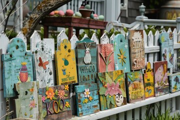 Festive and Artistic Wooden Easter Decorations Mounted on a Rustic Fence, Welcoming Spring
