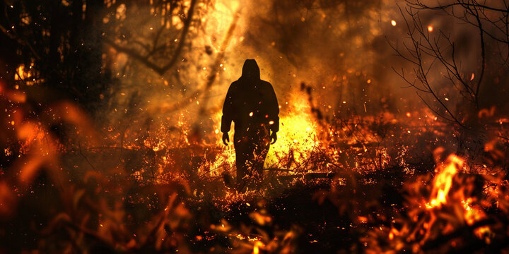 Fire flames arson damaged ecology wildfire danger.. Forest burnt by fire with charred burnt trees and silhouette of man in woods. Climate change and environment natural disaster caused by people