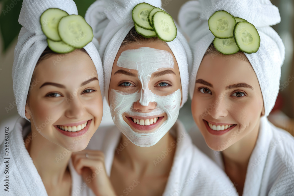 Poster Happy girls wearing white bathrobes towels on head having cucumber facial skin care mask. Smiling girls friends relaxing at spa beauty salon