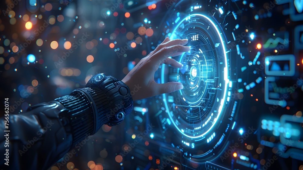 Poster future city network concept close-up cybersecurity business man shows how to protect cyber technolog