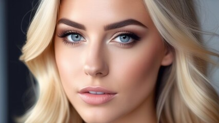 Fototapeta premium Very beautiful blonde girl with blue eyes, clean skin, well-groomed hair