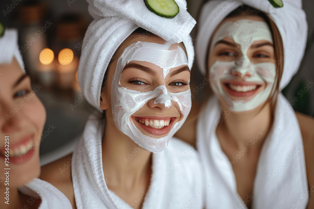 Wall mural Happy girls wearing white bathrobes towels on head having cucumber facial skin care mask. Smiling girls friends relaxing at spa beauty salon