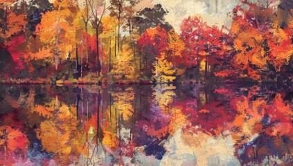 A vibrant autumn forest with colorful leaves, reflecting on the water's surface creating a vivid contrast against each other and the surrounding landscape Generative AI