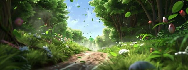 3D grass, a mud road, in the forest, Microcosm, Huge leaves, Huge leaves  - obrazy, fototapety, plakaty
