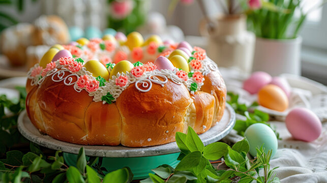 Delicious Easter pastries decorated with flowers, eggs and colored icing on a wooden stand. Traditional Easter holiday