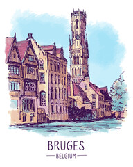 Travel sketch, illustation, landscape colorful of water canal and houses in Bruges, Belgium. Historical building line art. Freehand drawing. Hand drawn postcard, banner, poster. Digital Drawing. 