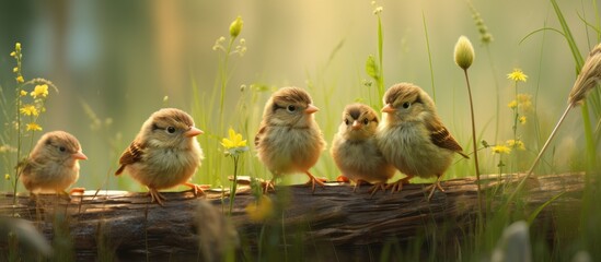 A group of small songbirds with colorful feathers are perching on a log in the grass. They chirp melodies, creating a lively wildlife event