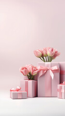 Gifts for March 8th, Mothers day, Pink Present boxes background, copy space - 756562847