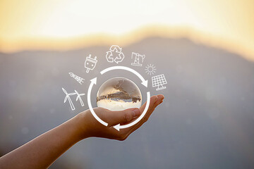 net zero and carbon neutral concept. Net zero text in crystal ball on human hand