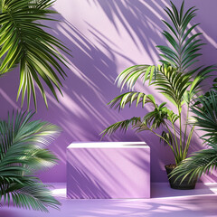 A purple room with green plants casting shadows, a white pedestal stands empty