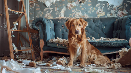 the dog played and tore the furniture and wallpaper in the house