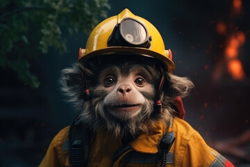 Brave Firefighter Monkey amidst dramatic backdrop of fiery sparks and blaze - 756563041