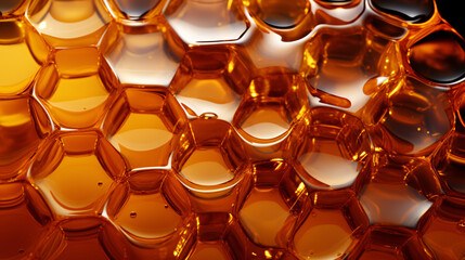 Close-up of golden honeycomb filled with glistening, amber honey