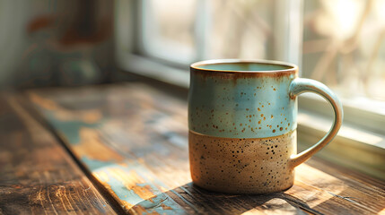A pottery mug from Morning Whispers whispering, photographed with a prime lens, Generative Ai