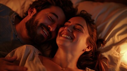 top view of happy couple looking at each other while lying in bed, Healthy relationship concept