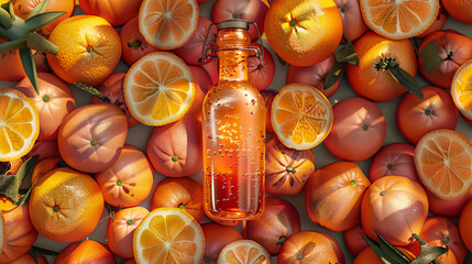 A bottle of orange liquid amidst a vibrant array of whole and sliced oranges and grapefruits - obrazy, fototapety, plakaty
