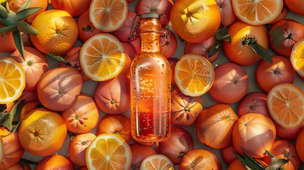 Fotobehang A bottle of orange liquid amidst a vibrant array of whole and sliced oranges and grapefruits © ChoopyChoop