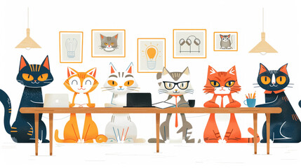 Illustrated feline professionals in a creative workshop setting exchanging innovative concepts