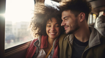 Cheerful young adult couple travelling by train, responsible travel concept - 756563699
