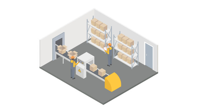 Warehouse or factory isometric concept. Inside room with cargo, parcels and conveyor vector illustration