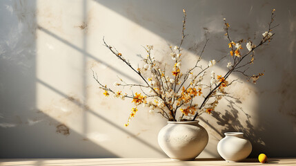 Spring blossom flowers bouquet in vase on table, shadows on wall, copy space - 756564098