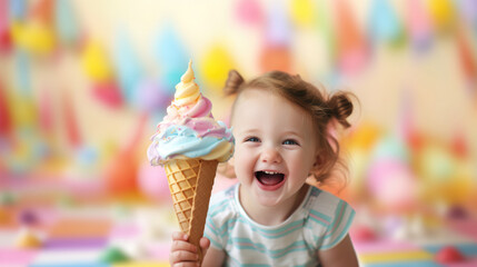 Cheerful little girl enjoying vibrant rainbow ice cream cone on sunny day - 756564218
