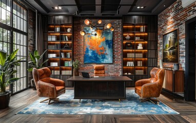 A modern office with a large painting on the wall and a brown leather chair. The room has a warm and inviting atmosphere