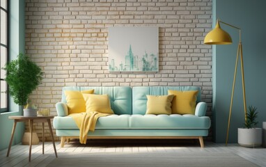 A living room with a blue couch, yellow pillows, and a city picture on the wall