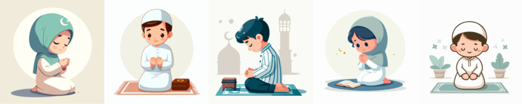 Vector set of Muslim kid praying in flat design style