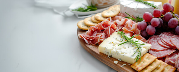 variety of cheese salami meat tapas on charcuterie board rustic ham prosciutto snack plate with...