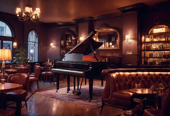 interior of a romantic cute cozy jazz cafe in an old style with evening lighting, a piano and a fireplace overlooking the street of the night city - Powered by Adobe