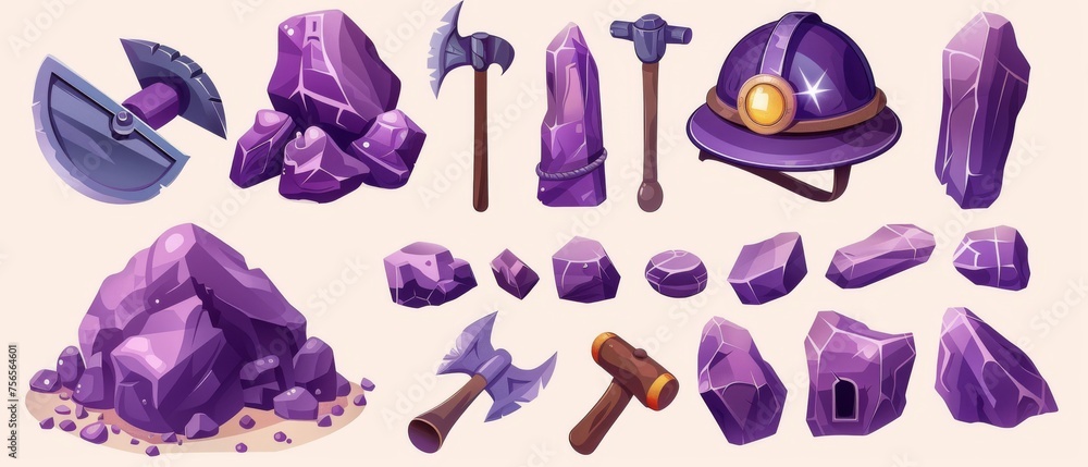 Poster the set of mining game assets includes an old metal shovel, pickaxe, helmet with headlamp, looting t