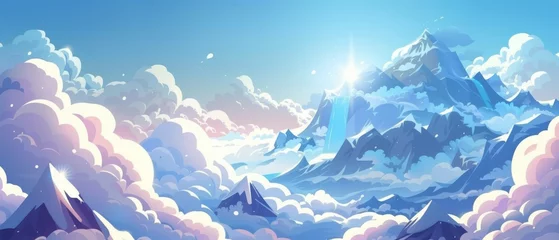 Foto auf Acrylglas Mountain landscape with clouds. Cartoon illustration of anime style peaks covered with snow and glacier above heavenly cloudscape. Glistening sunlight flare sparkles in a blue sky. © Mark