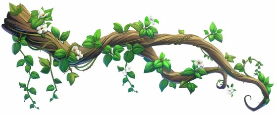 Foto op Canvas A twisted liana branch with green leaves and flowers. Cartoon modern illustration of jungle climbing vine with foliage. Climbing vine with vines. © Mark