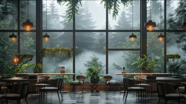 A realistic image of a cafe blending modern and rustic cabin styles, furnished with wood, plants, 